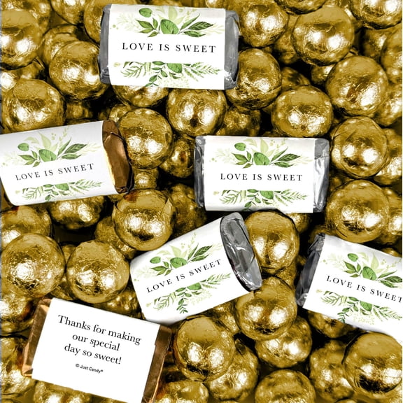 102 Pcs Wedding Love is Sweet Botanical Hershey's Miniatures and Gold Milk Chocolate Balls (1.62lb)