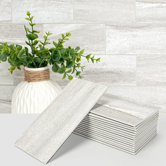102-Piece Faux Stone Peel and Stick Backsplash Tile, Waterproof Thick PVC Stick On Subway Wall Tile for Kitchen Bathroom Laundry Room Fireplace - 3" x 6" Biege Marble