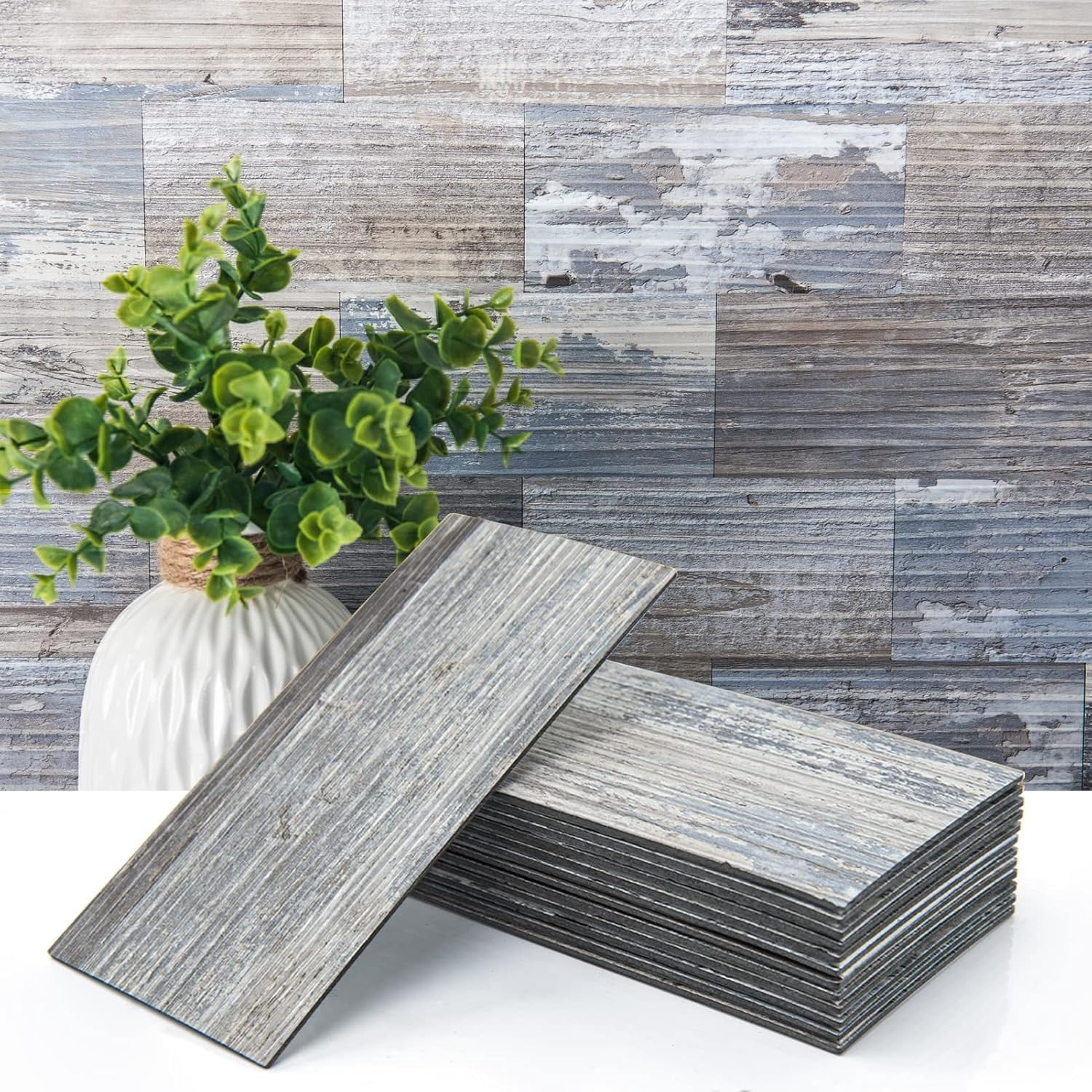 102-Piece Peel and Stick Tile Backsplash for Kitchen Bathroom, 3in. x 6in. Stick on Subway Tile Distressed Wood Plank