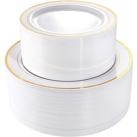 102 Pieces Gold Plastic Plates, Disposable Party Plates White Gold Rim, 51 Disposable Gold Dinner Plates 10.25 Inch and 51 Disposable Dessert Appetizer Elegant Fancy Wedding Plates 7.5 Inch