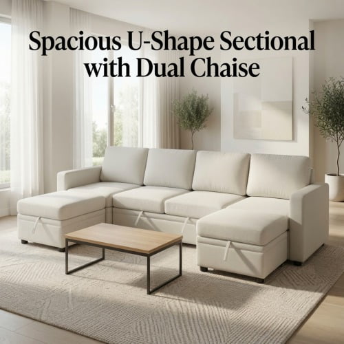 102" U-Shaped Sleeper Sectional Sofa with Pull-Out Bed, 5-Seat Off White Convertible Couch with Double Chaise, Hidden Storage & Deep Cushions for Living Room