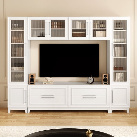 102" Wide Wall Unit TV Stand with Storage for TVs up to 75", Large Modern Media Console Table with Glass Doors, Entertainment Center with Bookshelves for Living Room, White