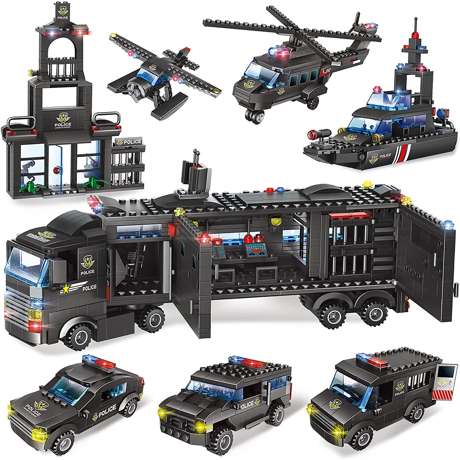 City Police SWAT Building Block Set - 8 in 1 Black Armored SWAT Vehicles  with Cop Cars, Helicopter, Motorbike, Best Roleplay STEM Toy Best Gift for