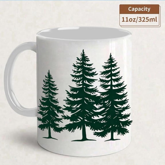 1022 15 11oz Ceramic Mug with Pine Tree Design Elegant Minimalist Forest Theme Background Green Pine Trees Hand Wash Only Reusable Coffee Cup Home Office Camping Ideal Nature Lovers