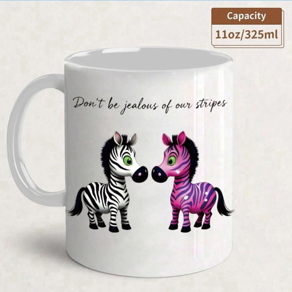 1022 34 11oz Ceramic Mug with Playful Zebra Design Don t Be Jealous of Our Stripes Quote Unique Animal Print Coffee Cup Washable Reusable Round Drinkware Christmas Halloween Birthdays Hand Wash Only