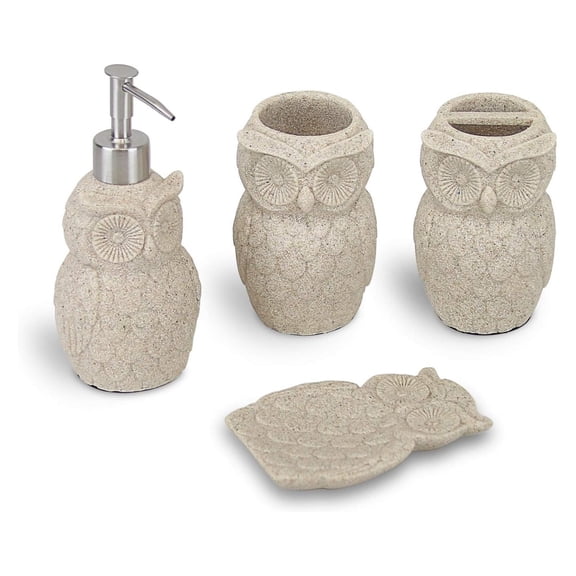 -10226 Owl Resin Sandstone Bathroom Amenity Accessory Set Included Dispenser, Soap Tray, Toothbrush Holder and (Beige)