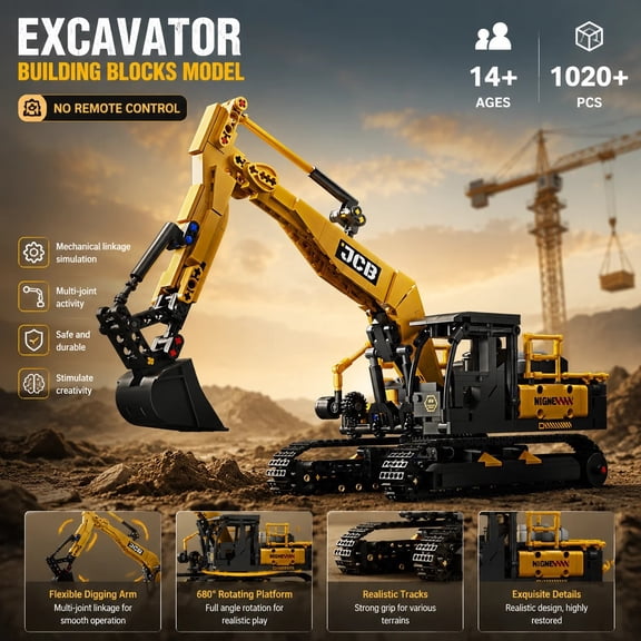 1022PCS Technical Excavator Building Block Kit, Tracked Construction Machinery Brick Model, Movable Engineering Vehicle Toy for DIY Assembly & Hobby Display
