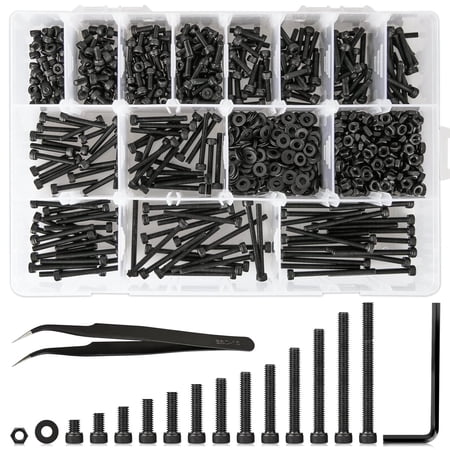 1023PCS M3 Bolt and Nuts Washers Assortment Kit, Hex Flat Head Cap Machine Screws with Washers 4mm to 40mm Black