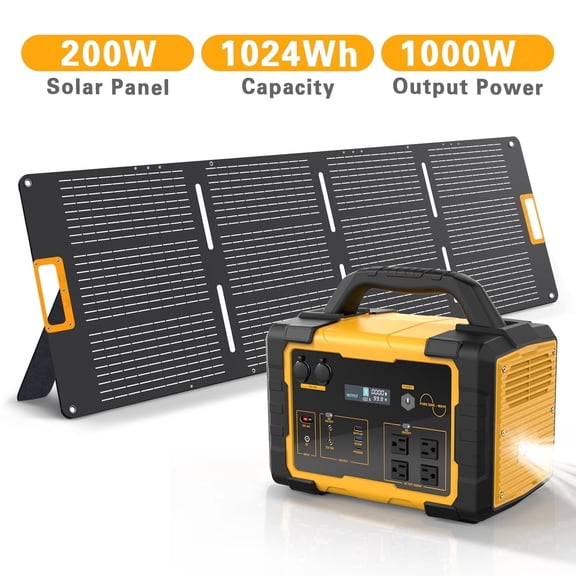 1024Wh Portable Solar Generator with 200W Solar Panel, 1000W Power Station Pure Sine Wave Backup Battery for Home Emergency, Camping, RV, and Outdoor
