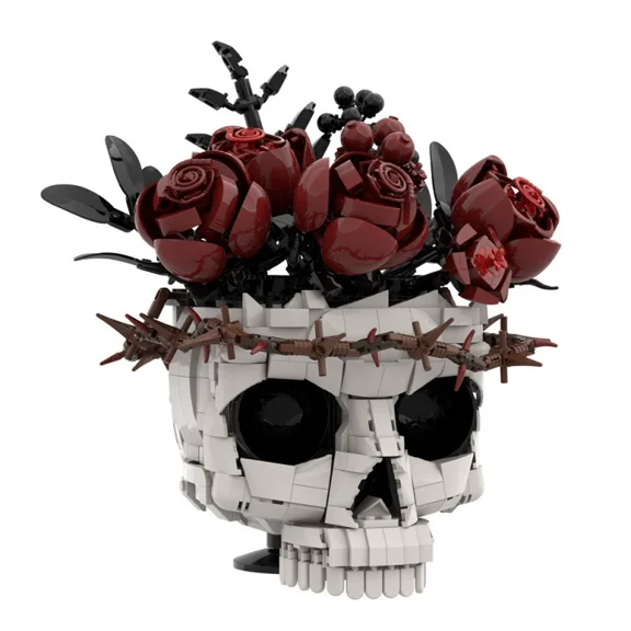 1025Pcs Skull Flower Building Blocks Set, Gothic Model Kit, Dark Romantic Decor, Unique Valentine's Day Halloween Gift for Teens & Collectors