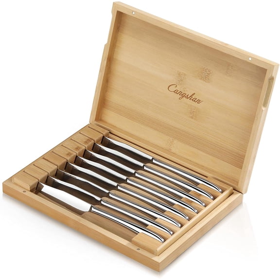 1027044 Rain II Series 8-Piece 420 Stainless Steel Forged Steak Knife Set in Bamboo Storage Chest