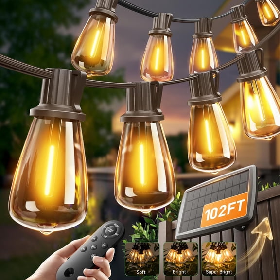 102FT(96+6) Solar String Lights Outdoor with Remote, Waterproof Patio 30 Shatterproof LED Bulbs, 30H+ Long-Lasting Dimmable & Timable Light for Backyard Camping Garden Decor