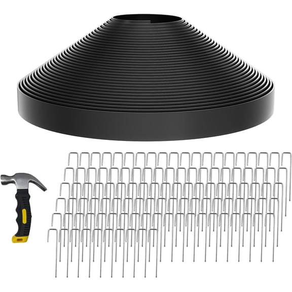 102FT Landscape Edging 2 in Tall with 110 Spikes, Garden Edging Border and 1 Hammer, Plastic Landscape Edging Border Lawn Edging for Landscaping, Flower Beds, Yard