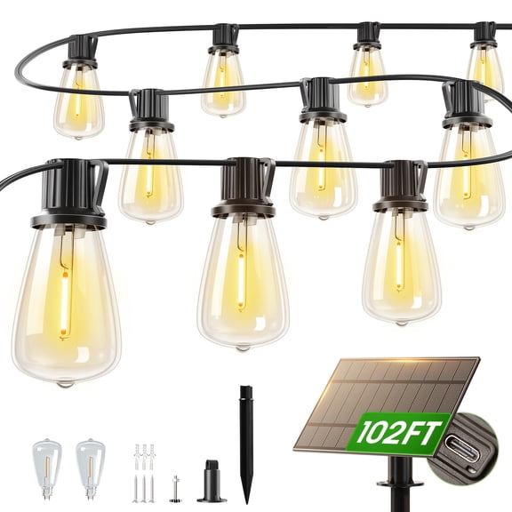 102FT Solar LED String Lights IP54 Waterproof - ST38 Shatterproof Edison Bulbs, Remote Control, Dimmable, Dusk to Dawn, 4400mAh Solar Powered