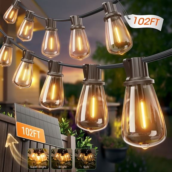 102FT Solar Lights Outdoor IP65 Waterproof, LED String Lights With Shatterproof ST38 Dimmable Globe Bulb, 3 Modes