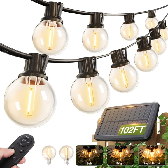 102FT Solar Lights Outdoor IP65 Waterproof With Remote, LED String Lights With Shatterproof G40 Dimmable Globe Bulb
