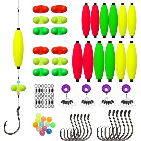 DIY Catfish Rig Kit with Peg Floats Circle Hooks Beads Swivels Bells 102PCS