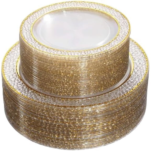 102PCS Gold Plastic Plates - Disposable Clear Gold Party Plates Include 51PCS 10.25inch Dinner Plate & 51PCS 7.5inch Dessert Plate Perfect for Wedding & Party & Christmas