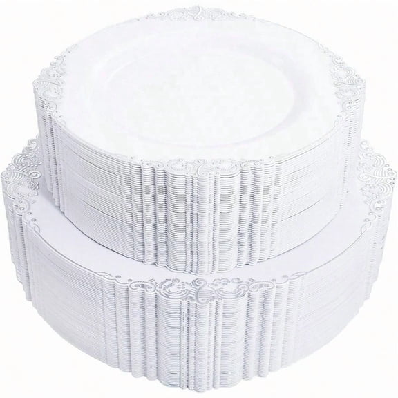 102PCS White and Sier Plastic Plates - Heavyweight Sier Plate - Wedding Plate with Sier Rim - Fancy Dinner Dert Plates for 51 Guests Weddings Parties Christmas
