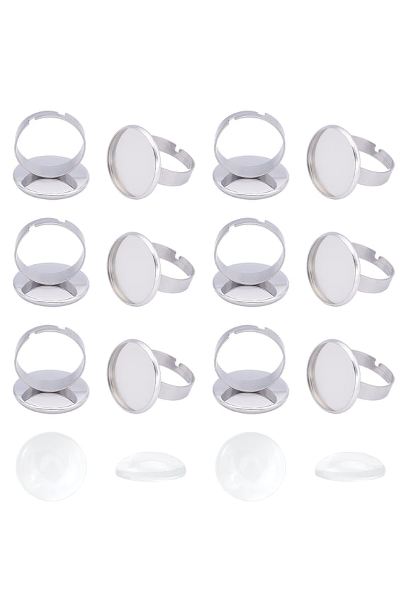 102Pcs DIY 304 Stainless Steel Adjustable Finger Ring Making Kits Including Pad Ring Base Findings and Transparent Glass Cabochons