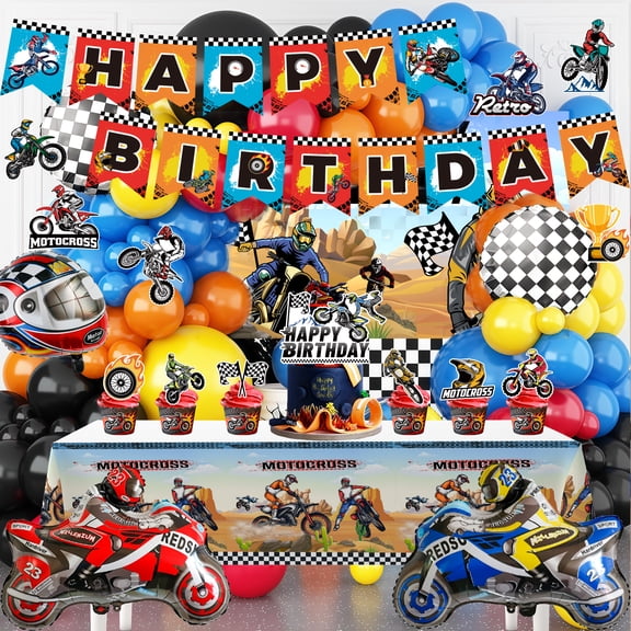 102Pcs Motorcycle Birthday Supplies,Motorcycle Party Decorations Set Including Dirt Bike Party Backdrop Balloon Banner Cake Topper etc Dirt Bike Birthday Decorations