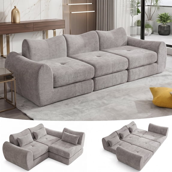 102in Sectional Sofa for Living Room, Convertible Cloud Sofa Bed Sleeper, No Assembly Needed, Grey