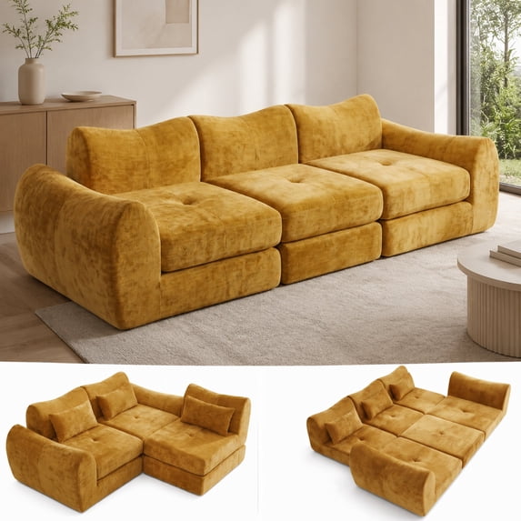 102in Sectional Sofa for Living Room, Convertible Cloud Sofa Bed Sleeper, No Assembly Needed, Yellow