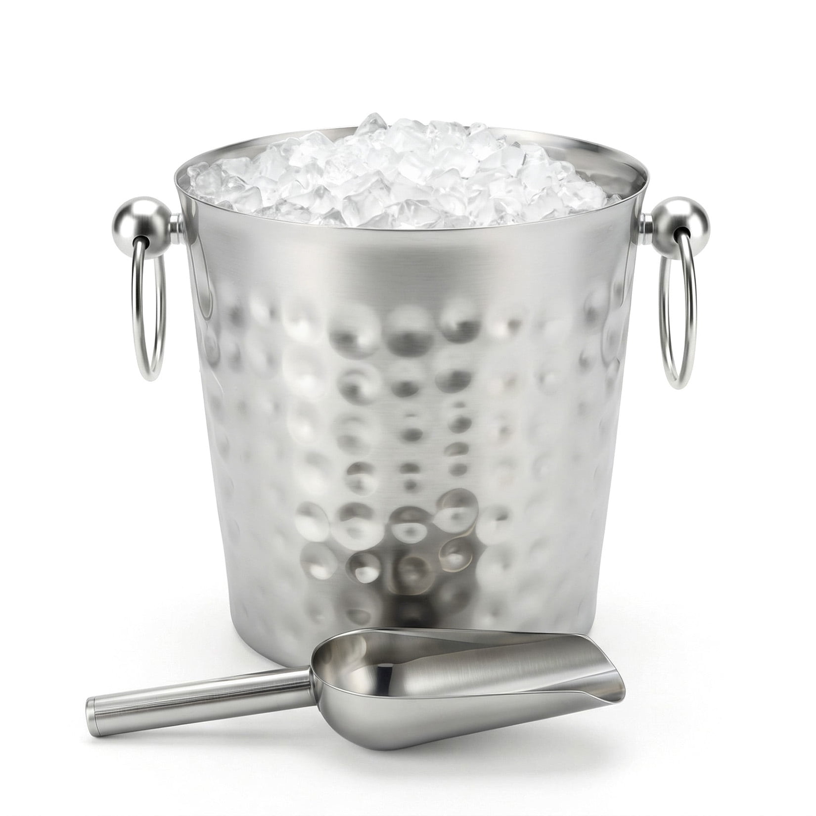 102oz Hammered Stainless Steel Ice Bucket with Scoop, Double Handle Metal Wine & Champagne Chiller, Non-Slip Beverage Cooler for Bar, Party & Home (7.5" x 7.5" x 7.3")