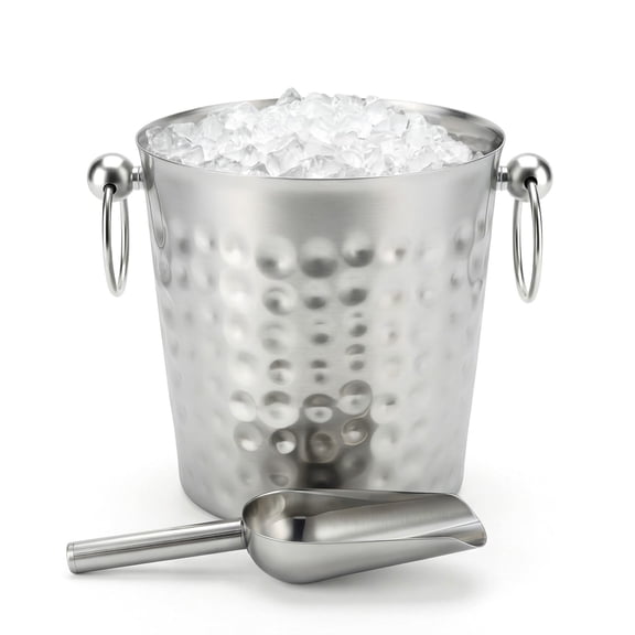 102oz Hammered Stainless Steel Ice Bucket with Scoop, Double Handle Metal Wine & Champagne Chiller, Non-Slip Beverage Cooler for Bar, Party & Home (7.5" x 7.5" x 7.3")