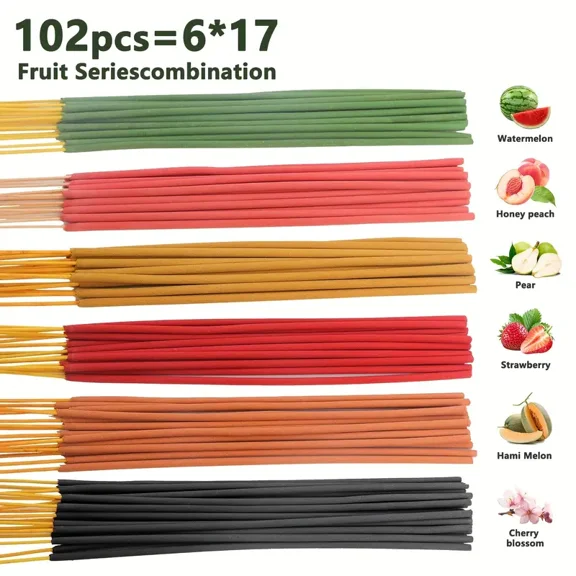 102pcs 6-Fruit Flavor Incense Sticks - Rich Fruity Aromas (Cantaloupe, Strawberry, Watermelon) 10.04in, Wooden Holder for Yoga, Meditation, & Hydrotherapy Decor - Ideal Home & Party Gift