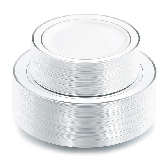102pcs Plastic Plates Disposable Party With White Rim Fancy Wedding Include 51 Dinner 10.25" And 51 Dessert Appetizer 7.5"