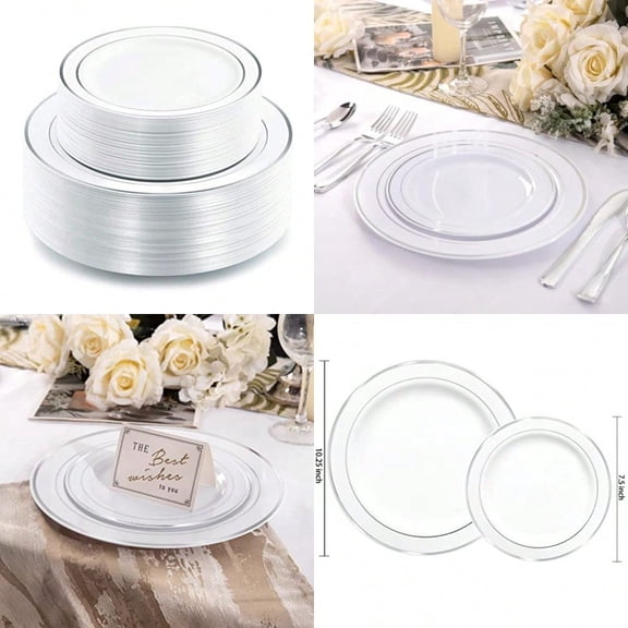 102pcs Sier Plastic Plates Disposable Plastic Party Plates with White Sier Rim Fancy Wedding Party Plates Include 51 Dinner Plates 10.25 and 51 Dert Appetizer Plates 7.5
