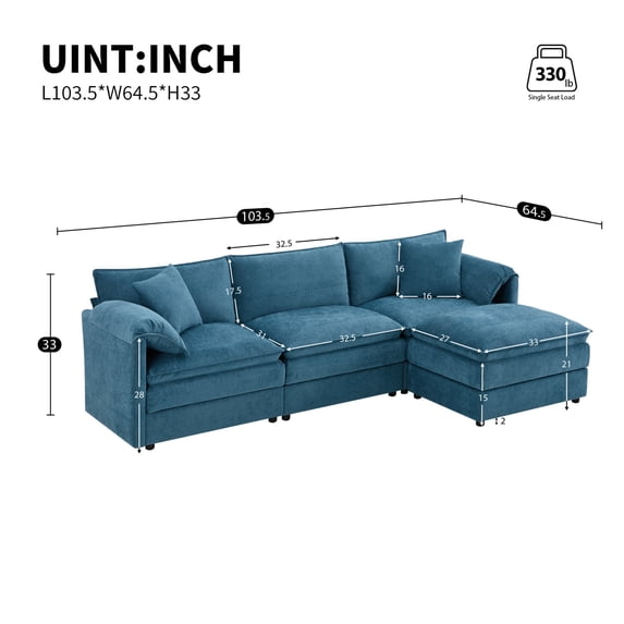 103.5" Chenille Modular Sectional Sofa with Deep and Wide Seat,L Shaped Cloud Couch Set with Double Cushions,4 Seat Sofa with Movable Ottoman,Oversized Indoor Furniture for Living Room81659