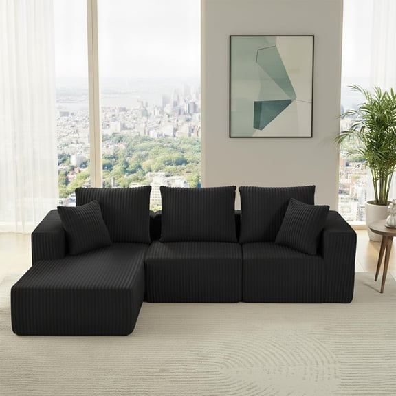 103.5" L-Shaped Corner Sectional Sofa – Large Modular Family Couch, Modern Corduroy 4-Seater Sofa with Deep Seat, Cozy Living Room Chaise, No Assembly, Left Facing Chaise Sofa,Black