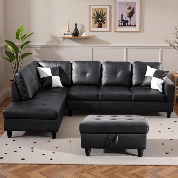 103.5" Sectional Couches for Living Room, Leather 4 Seat L Shaped Couch with Chaise, 3-Piece Modular Sofa with Storage Ottoman, Home Furniture Sets for Apartment Office, Black