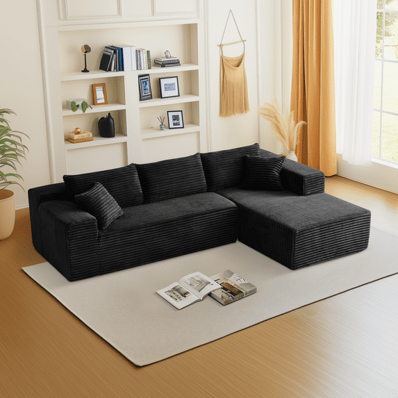 104" Modular Sectional Sofa, Flannel Modern L-Shaped Cloud Couch with Chaise Lounge & Pillows, Compressed Sofa with Upholstered High-Density Sponge, Corner Sofa for Living Room Bedroom Apartment