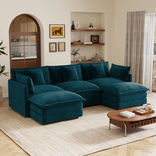 103.8" Chenille U-Shaped Sectional Sofa with Reversible Ottoman, 3-Seater Modular Couch with 2 Ottomans, Blue