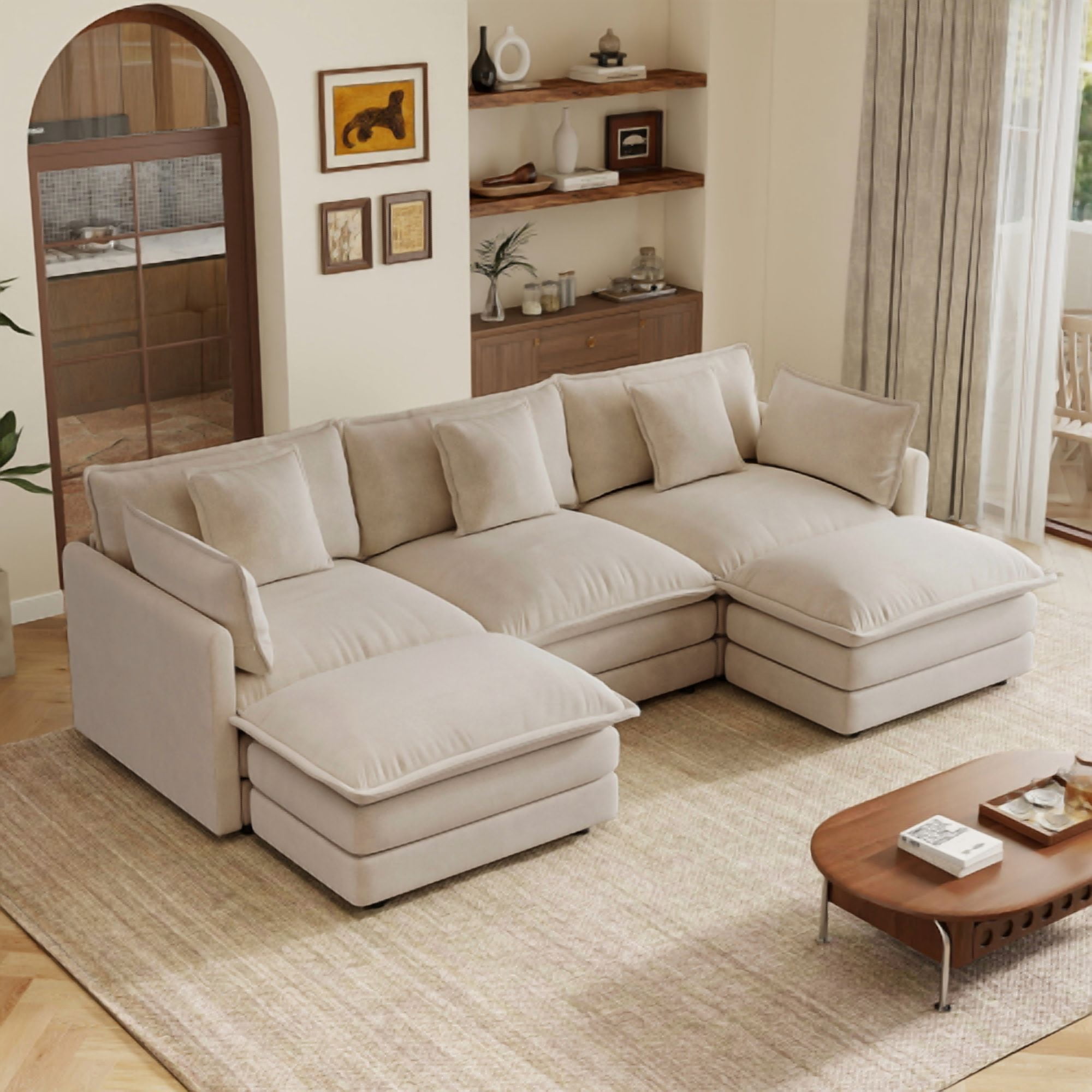 103.8" Chenille U-Shaped Sectional Sofa with Reversible Ottoman, 3-Seater Modular Couch with 2 Ottomans, Light coffee
