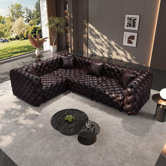 103.8" Chesterfield Sectional Sofa, 4-Seater Faux Leather Couch, Brown | Modern L-Shaped Button Tufted Sofa, 26.8" Deep Seat, 4 Pillows, Modular Coner Couch for Living Room, Villa
