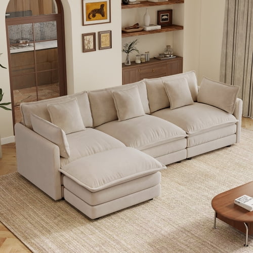 103.8" Oversized 3-Seater Modular Sofa with Ottoman, L-Shaped Sectional Couch,Reversible U-Shape Configuration, 5 Movable Pillows, Solid Wood Frame, Light coffee