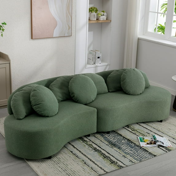 103.9" Curved Sectional Sofa with Pillows, Upholstered Lamb Fabric Sofa Cloud Couch with Deep Seat, Loveseat Sofa with Wood Frame and Metal Legs for Home Office, Green