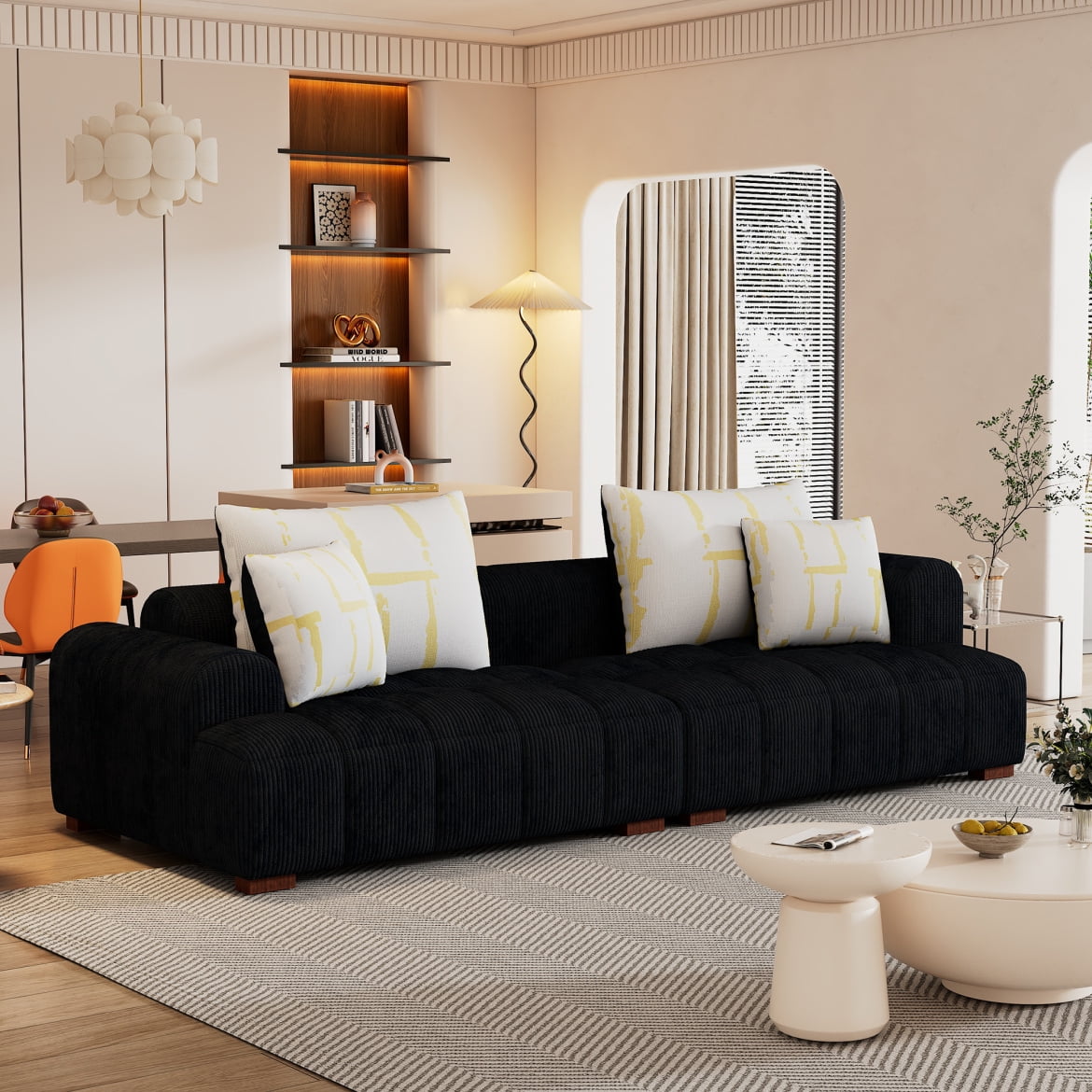 103.9" Black Corduroy Fabric Lawson Sofa with Wood Legs