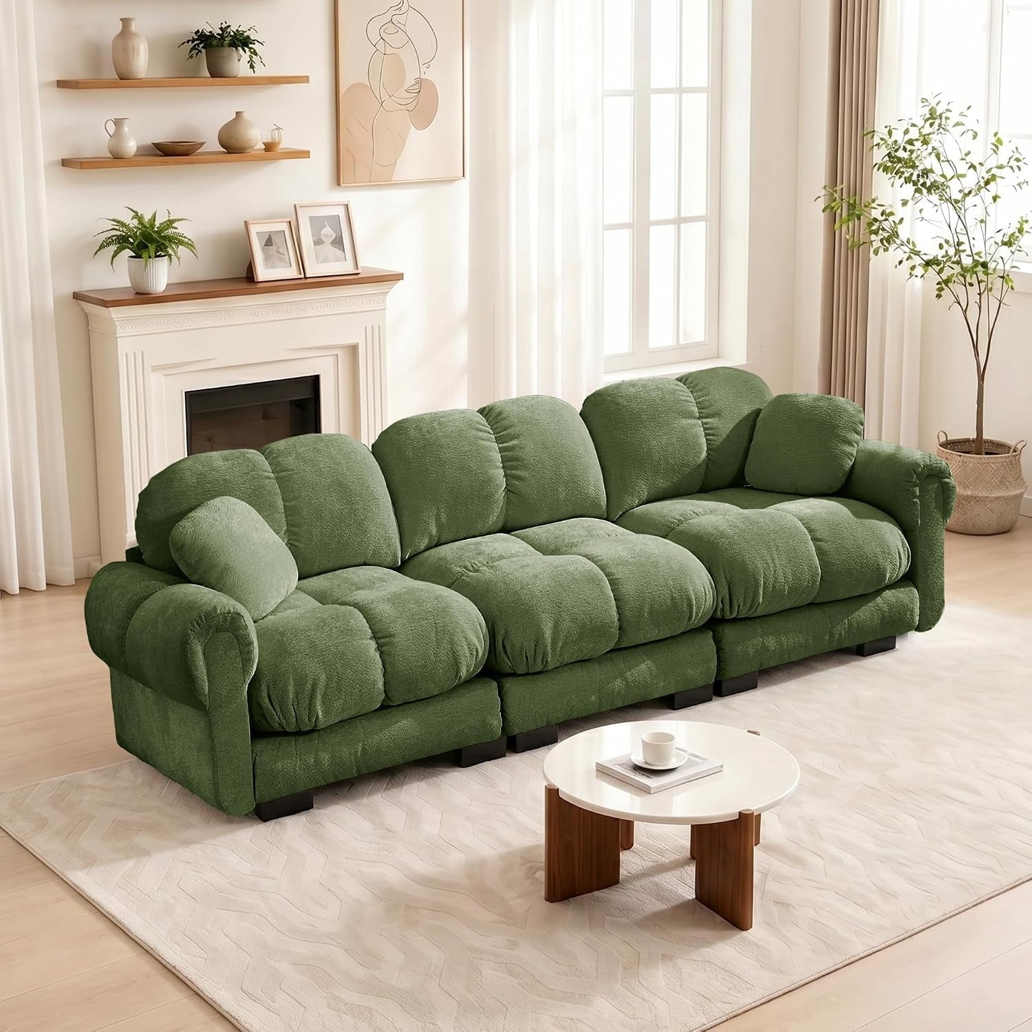 103.9'' Oversized Cloud Sectional Couch, Glossy Chenille 3-Seater Couches, Modern Modular Sofa, Comfy Upholstered Living Room Sofas for Small Spaces, Apartment, Offices, Green