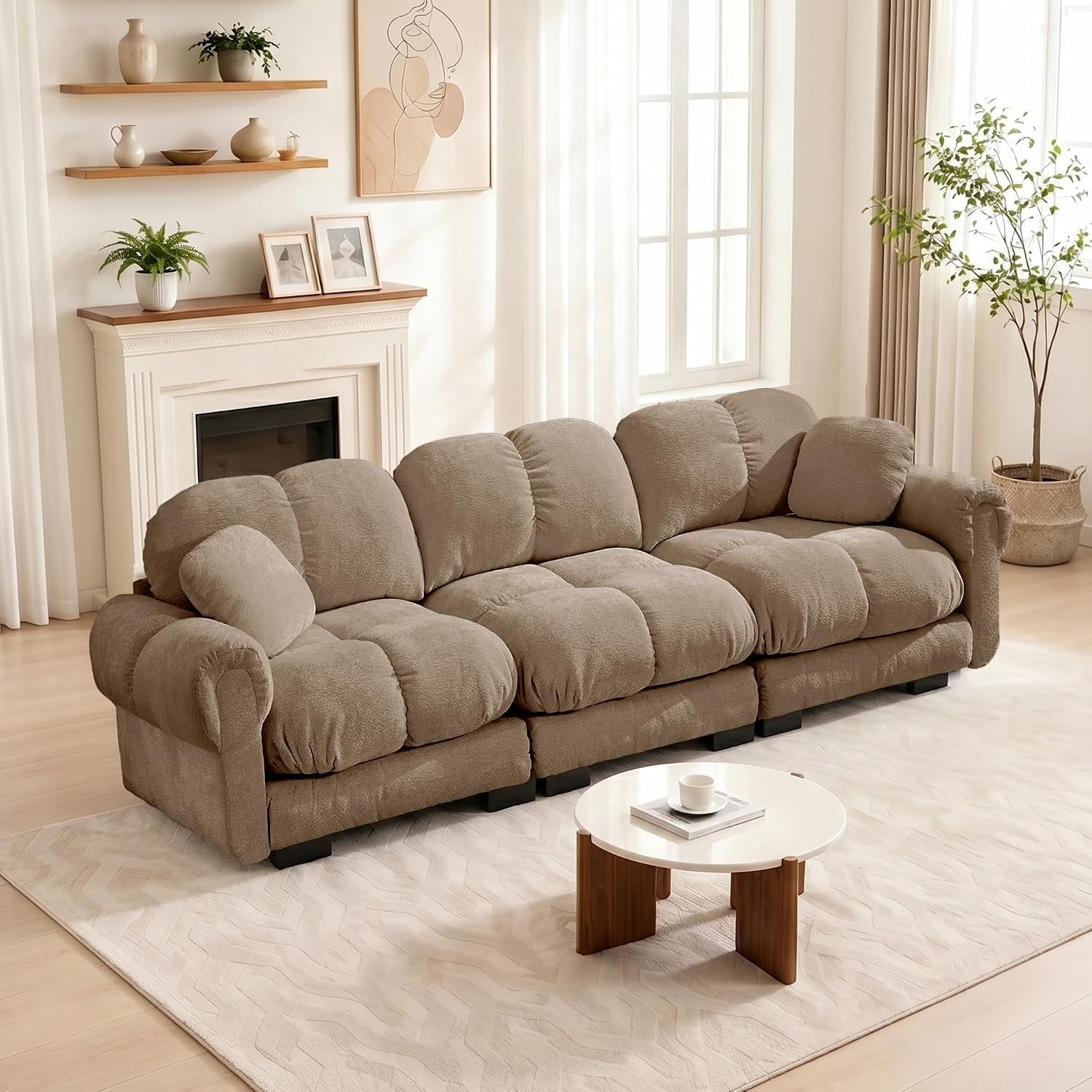 103.9'' Oversized Cloud Sectional Couch, Glossy Chenille 3-Seater Couches, Modern Modular Sofa, Comfy Upholstered Living Room Sofas for Small Spaces, Apartment, Offices, Brown
