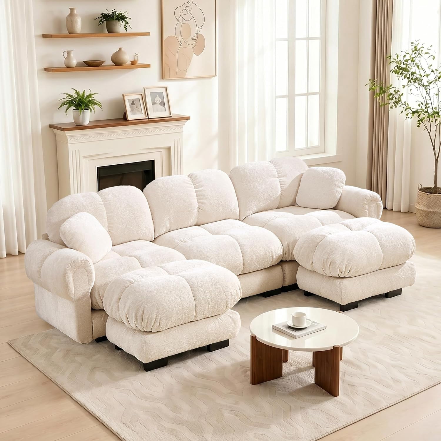 103.9'' Oversized Cloud Sectional Sofas, Glossy Chenille 3-Seater Couches with 2 Ottomans, Modern Modular Couch Set, Comfy U Shaped Sofa for Small Spaces, Living Room, Apartment, Beige