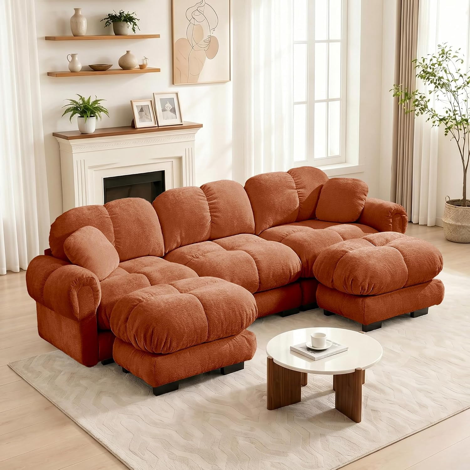 103.9'' Oversized Cloud Sectional Sofas, Glossy Chenille 3-Seater Couches with 2 Ottomans, Modern Modular Couch Set, Comfy U Shaped Sofa for Small Spaces, Living Room, Apartment, Orange