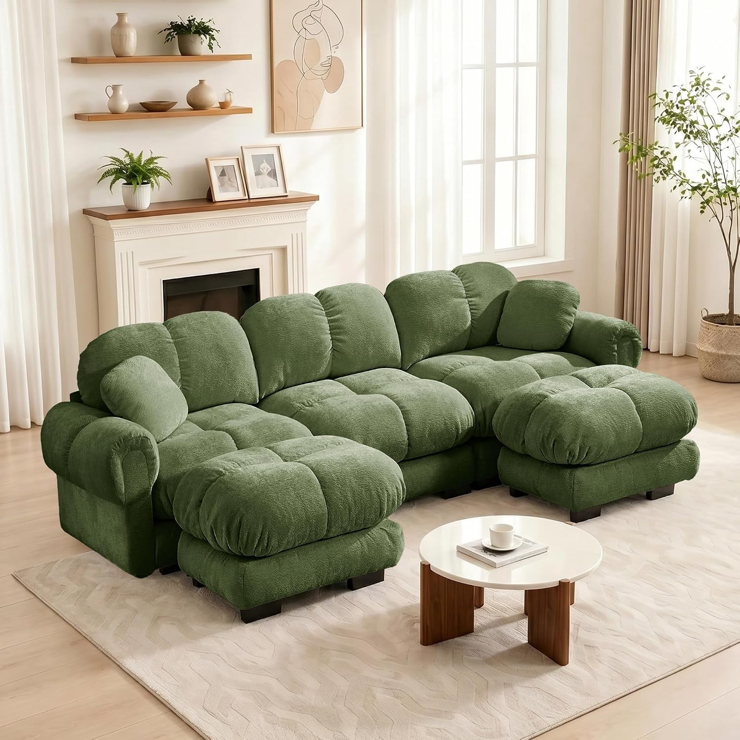103.9'' Oversized Cloud Sectional Sofas, Glossy Chenille 3-Seater Couches with 2 Ottomans, Modern Modular Couch Set, Comfy U Shaped Sofa for Small Spaces, Living Room, Apartment, Green