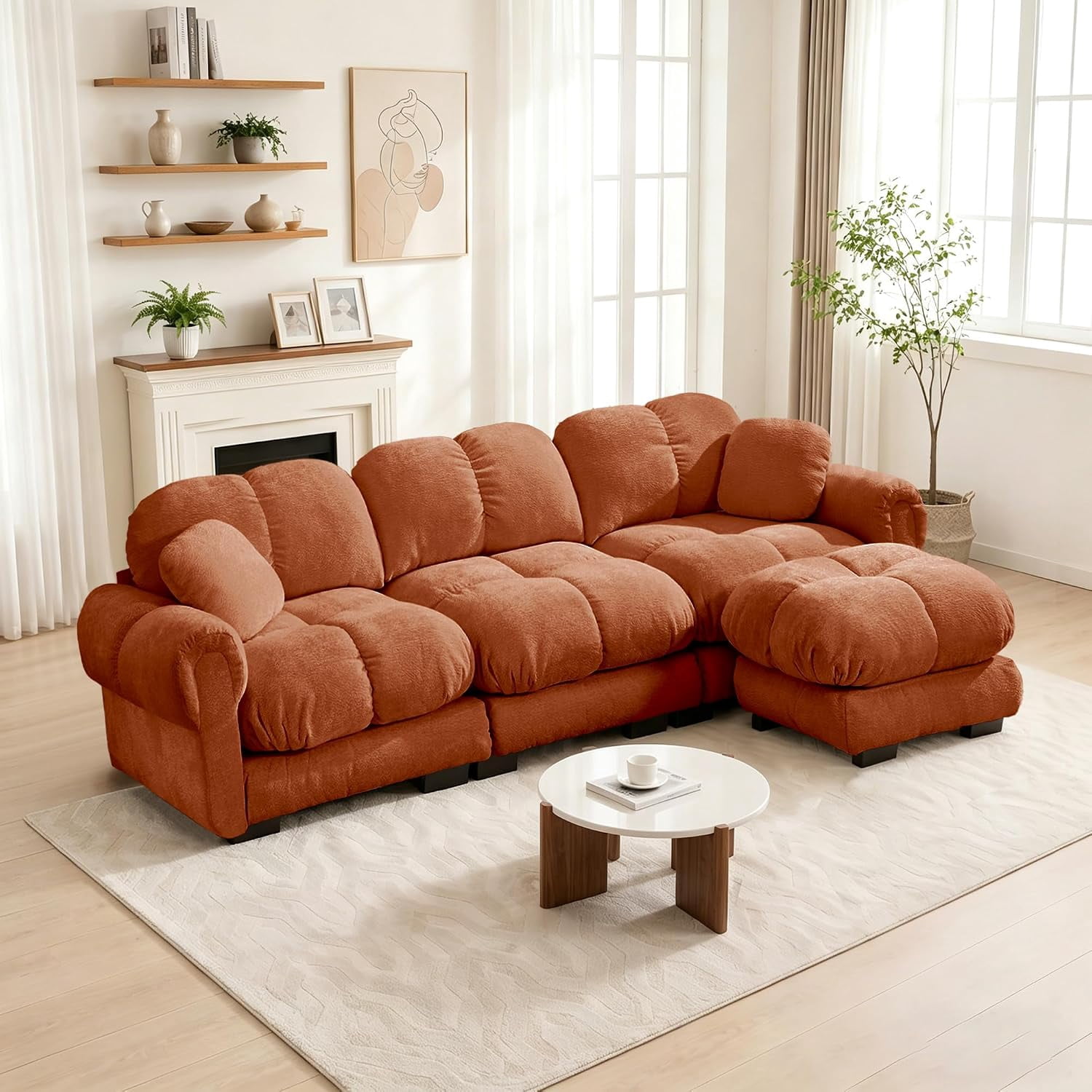 103.9'' Oversized Cloud Sectional Sofas, Glossy Chenille 3-Seater Couches with Ottoman, Modern Modular Couch Set, Comfy L Shaped Sofa for Small Spaces, Living Room, Apartment, Offices, Orange