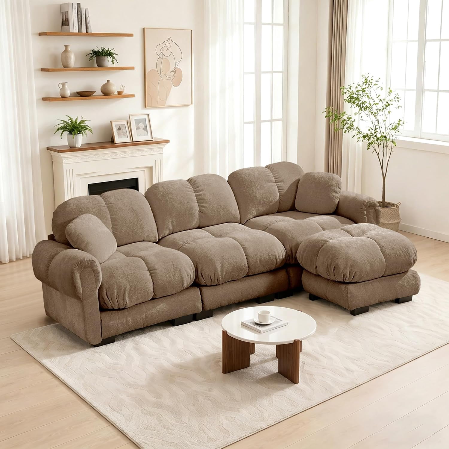 103.9'' Oversized Cloud Sectional Sofas, Glossy Chenille 3-Seater Couches with Ottoman, Modern Modular Couch Set, Comfy L Shaped Sofa for Small Spaces, Living Room, Apartment, Offices, Brown