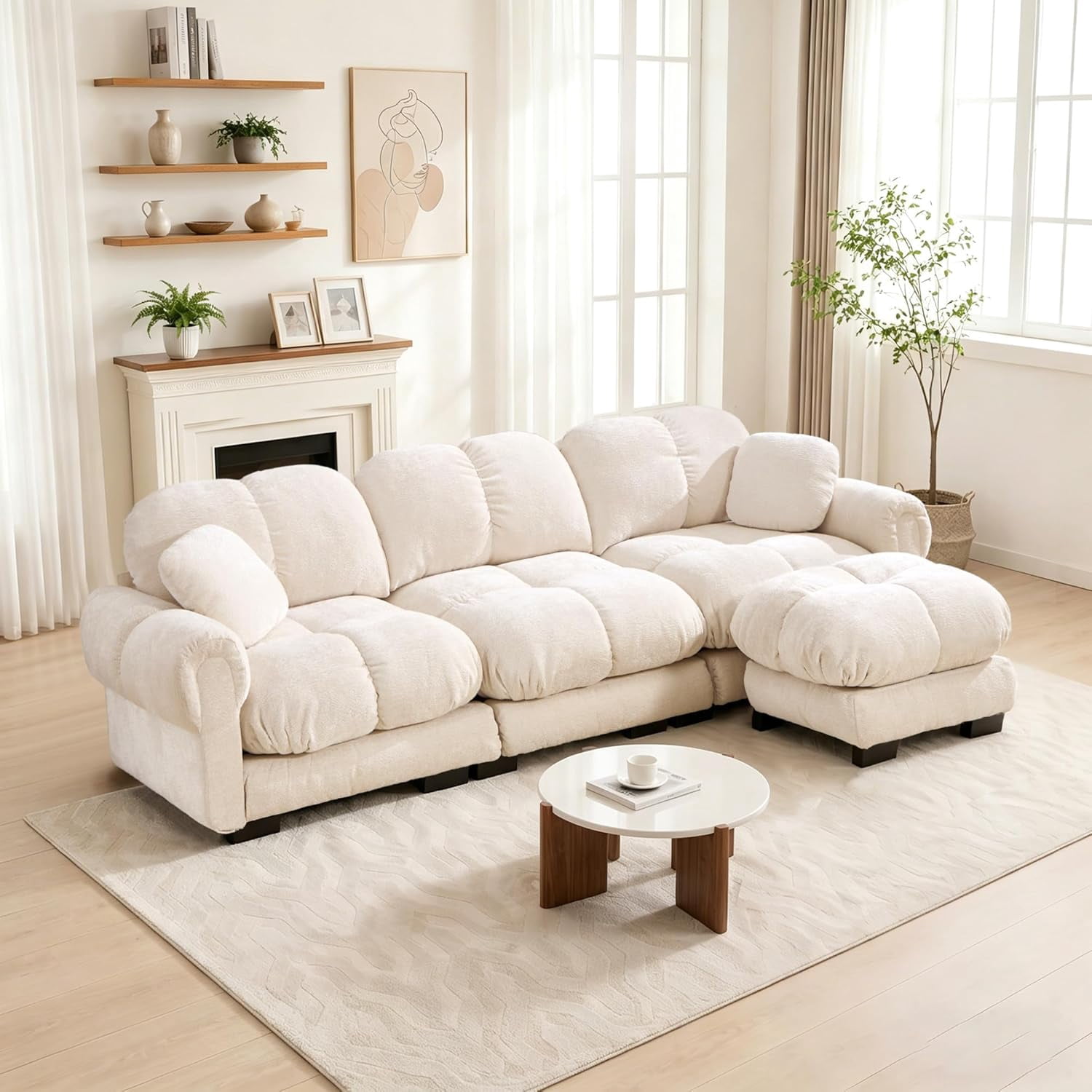 103.9'' Oversized Cloud Sectional Sofas, Glossy Chenille 3-Seater Couches with Ottoman, Modern Modular Couch Set, Comfy L Shaped Sofa for Small Spaces, Living Room, Apartment, Offices, Beige